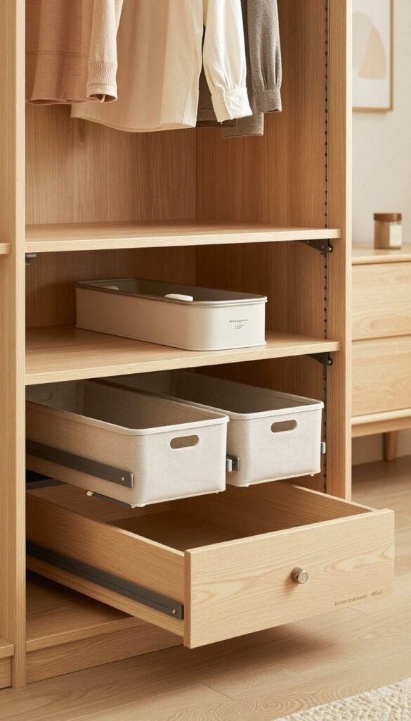 A beautifully organized, modern wardrobe (kleiderschrank) featuring elegant retractable solutions like a stylish clothing lift, a practical trouser pull-out, and convenient pull-out baskets. The wardrobe should be aesthetically pleasing with a warm color palette and natural wood textures, creating an inviting atmosphere. In the foreground, showcase the retractable features in action, highlighting their functionality. The middle layer should include the wardrobe's chic design, with soft lighting to enhance the wood grain and the sleek finishes. In the background, softly blurred home decor elements contribute to a Pinterest-inspired ambiance. The brand name "Ordnungskiste" should be subtly integrated into the design of the wardrobe but not be the focal point. The overall mood should convey a sense of organization and modern living, perfect for maximizing space without renovations. A beautifully organized, modern wardrobe (kleiderschrank) featuring elegant retractable solutions like a stylish clothing lift, a practical trouser pull-out, and convenient pull-out baskets. The wardrobe should be aesthetically pleasing with a warm color palette and natural wood textures, creating an inviting atmosphere. In the foreground, showcase the retractable features in action, highlighting their functionality. The middle layer should include the wardrobe's chic design, with soft lighting to enhance the wood grain and the sleek finishes. In the background, softly blurred home decor elements contribute to a Pinterest-inspired ambiance. The brand name "Ordnungskiste" should be subtly integrated into the design of the wardrobe but not be the focal point. The overall mood should convey a sense of organization and modern living, perfect for maximizing space without renovations.