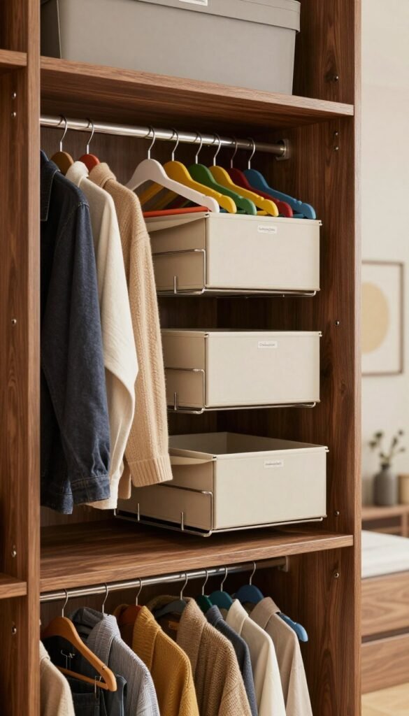 A beautifully organized, modern wardrobe (kleiderschrank) stands prominently in the foreground, showcasing a range of colorful hangers displaying neatly arranged clothing items. The middle layer features elegant wardrobe dividers and connectors, designed to maximize space and enhance organization. Soft, warm lighting bathes the scene, highlighting the rich textures of the fabrics and the polished wood of the wardrobe. In the background, subtle hints of a stylish, minimalist interior create a harmonious atmosphere, evoking a Pinterest-inspired aesthetic. The overall mood is inviting and functional, emphasizing efficiency in a stylish manner. The brand name "Ordnungskiste" is subtly integrated into the design elements of the wardrobe, ensuring it is prominent yet tasteful. The image captures the essence of effective organization without any distracting text or overlays. A beautifully organized, modern wardrobe (kleiderschrank) stands prominently in the foreground, showcasing a range of colorful hangers displaying neatly arranged clothing items. The middle layer features elegant wardrobe dividers and connectors, designed to maximize space and enhance organization. Soft, warm lighting bathes the scene, highlighting the rich textures of the fabrics and the polished wood of the wardrobe. In the background, subtle hints of a stylish, minimalist interior create a harmonious atmosphere, evoking a Pinterest-inspired aesthetic. The overall mood is inviting and functional, emphasizing efficiency in a stylish manner. The brand name "Ordnungskiste" is subtly integrated into the design elements of the wardrobe, ensuring it is prominent yet tasteful. The image captures the essence of effective organization without any distracting text or overlays.