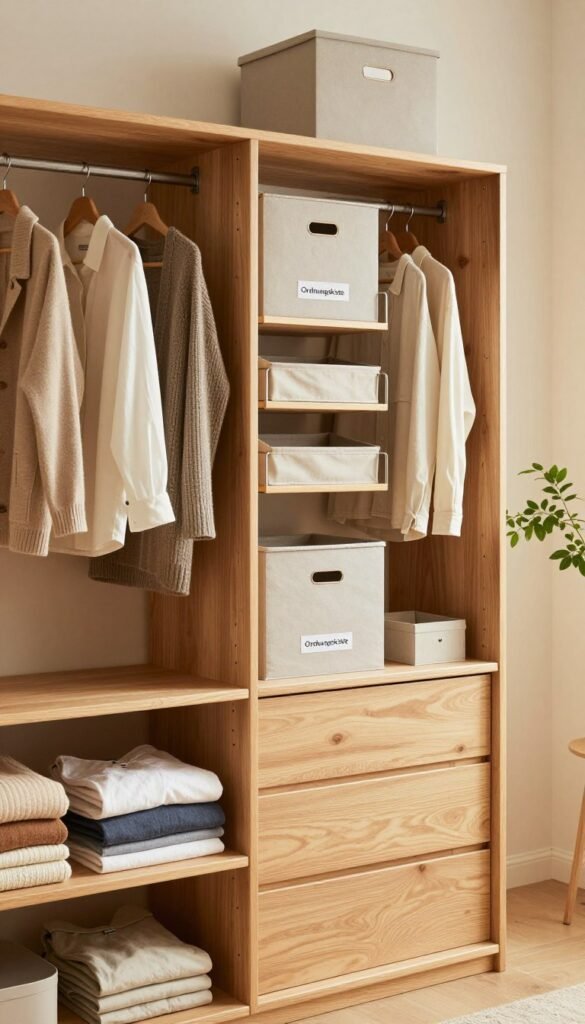 A beautifully organized modern wardrobe showcasing vertical storage solutions, featuring a sleek minimalistic design with natural wood finishes. In the foreground, display neatly arranged shelves filled with folded clothing, stylish hangers with garments, and open compartments highlighting versatile storage boxes labeled as "Ordnungskiste." The middle ground emphasizes various vertical systems like hanging organizers and stackable bins, all in warm, inviting colors that create a cozy atmosphere. The background subtly features a softly lit room with a touch of greenery, giving it a fresh and airy feel. Use soft, natural lighting to enhance the textures of the materials and reflect a Pinterest-inspired aesthetic, creating a harmonious and practical space for clothing storage.
