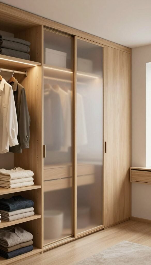 A beautifully organized modern wardrobe system featuring stylish door designs, showcasing various types of closet layouts. In the foreground, neatly folded clothes are displayed on wooden shelves, with soft, warm lighting illuminating the space. The middle ground reveals elegant sliding doors made of frosted glass and natural wood, emphasizing functionality and aesthetics. In the background, a clean, minimalist room with neutral tones complements the wardrobe, creating a serene atmosphere. The image captures an inviting ambiance with natural materials and soft textures, exuding authenticity and a Pinterest-worthy look. The brand name "Ordnungskiste" is subtly integrated into the design elements without appearing as text. The overall mood is warm and orderly, perfect for inspiring organized living.