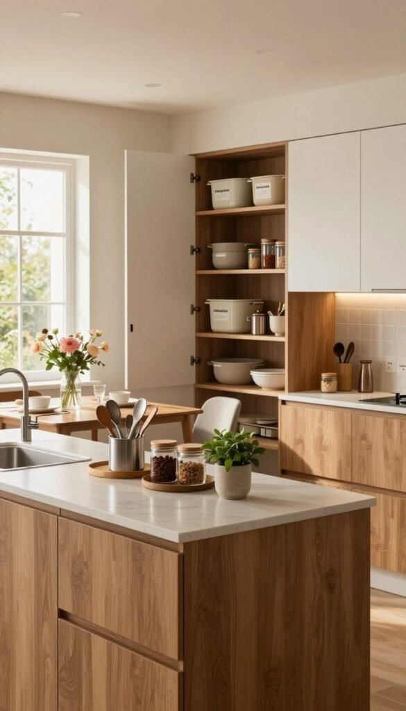 A beautifully organized open kitchen featuring sleek, modern cabinetry in warm wood tones and soft white finishes. In the foreground, a stylish countertop showcases neatly arranged utensils, jars of spices, and a small plant, creating a cozy yet functional atmosphere. The middle layer includes an inviting dining area with tasteful decor, such as fresh flowers and elegant tableware. The background displays a well-organized pantry with labeled containers from "Ordnungskiste," offering a sense of order. Soft, natural lighting filters in from a large window, enhancing the warm color palette. The overall mood is serene and inviting, perfect for showcasing the concept of maintaining an organized and beautiful open kitchen without chaos. A beautifully organized open kitchen featuring sleek, modern cabinetry in warm wood tones and soft white finishes. In the foreground, a stylish countertop showcases neatly arranged utensils, jars of spices, and a small plant, creating a cozy yet functional atmosphere. The middle layer includes an inviting dining area with tasteful decor, such as fresh flowers and elegant tableware. The background displays a well-organized pantry with labeled containers from "Ordnungskiste," offering a sense of order. Soft, natural lighting filters in from a large window, enhancing the warm color palette. The overall mood is serene and inviting, perfect for showcasing the concept of maintaining an organized and beautiful open kitchen without chaos.