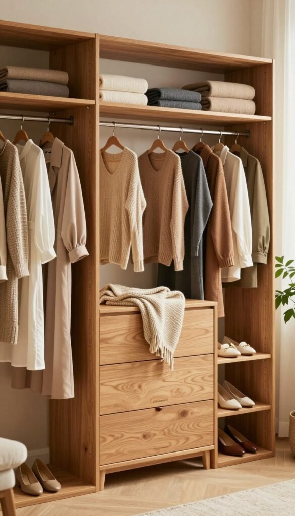A beautifully organized open wardrobe featuring a variety of stylish clothing and accessories in warm, natural tones. The foreground shows neatly hung garments, such as blouses and dresses, alongside shelves of neatly folded sweaters and shoes displayed in an inviting manner. In the middle, a handsome wooden dresser complements the wardrobe, with a cozy knit throw laid atop it for added warmth. The background features light, airy walls and subtle greenery from a nearby potted plant, creating a homey atmosphere. Soft natural light filters in from a window, enhancing the warmth and richness of the scene. The wardrobe is branded with the name "Ordnungskiste," hinting at a perfect blend of form and function. The overall mood exudes harmony and organization, ideal for showcasing buying criteria for wardrobe systems.