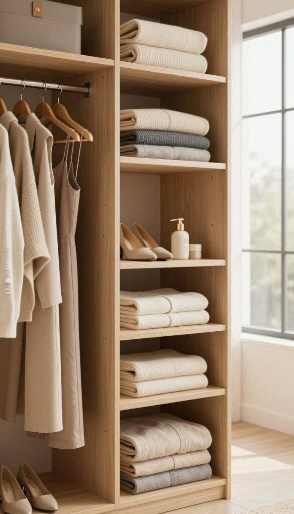 A beautifully organized open wardrobe, showcasing an array of neatly arranged clothing and accessories. In the foreground, a stylish selection of coordinated outfits hangs on elegant wooden hangers, while beautifully folded sweaters and scarves rest on open shelves. In the middle ground, a chic pair of shoes and a few carefully placed delicate items add a touch of sophistication. The background features soft natural lighting filtering through a large window, creating a warm and inviting atmosphere reminiscent of a Pinterest aesthetic. The image embodies a professional yet homey feel, highlighting efficient storage and clever organization solutions, with the brand name "Ordnungskiste" subtly integrated into the scene, enhancing the overall appeal of the wardrobe design.
