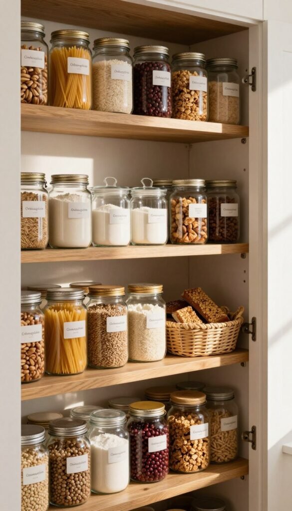 A beautifully organized pantry set against a warm, inviting backdrop. In the foreground, colorful jars of dry goods like pasta, rice, and legumes are neatly labeled and arranged on wooden shelves. The middle section features baking ingredients such as flour, sugar, and various spices, stored in elegant glass containers. Snacks, including nuts and granola bars, are displayed in woven baskets, adding a rustic charm. The background showcases the pantry doors, slightly ajar, revealing a glimpse of sunlight filtering in, enhancing the cozy atmosphere. The image embodies a Pinterest-inspired aesthetic with soft, natural lighting and a harmonious color palette. Include a stylish logo for "Ordnungskiste" integrated artistically within the shelf design, ensuring it looks part of the scene.