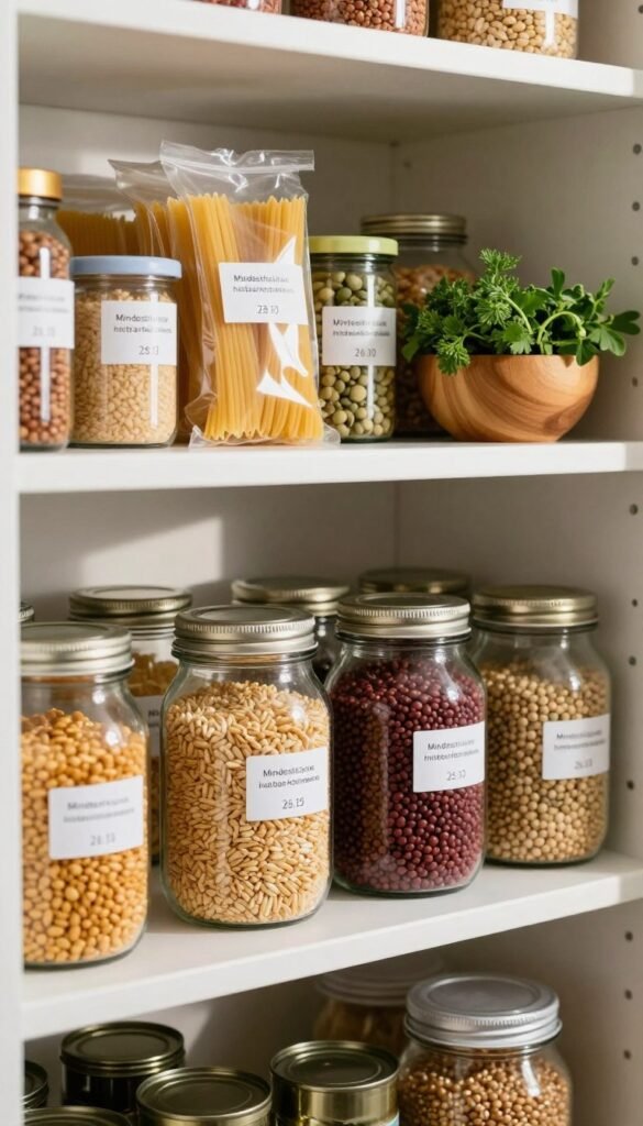 A beautifully organized pantry shelf filled with various food items showcasing their "Mindesthaltbarkeitsdatum." In the foreground, there are glass jars filled with grains and legumes, labeled with clear dates. The middle ground features a variety of packaged foods, such as pasta and canned goods, with visible expiration dates. The background consists of shelves stacked with products and a small wooden bowl of fresh herbs, contributing to a warm and inviting atmosphere. Soft, natural lighting filters through the scene, casting gentle shadows that accentuate the textures of the materials. The overall mood is one of organization and mindfulness, with a Pinterest-inspired aesthetic, utilizing warm colors and an authentic, clutter-free layout. A beautifully organized pantry shelf filled with various food items showcasing their "Mindesthaltbarkeitsdatum." In the foreground, there are glass jars filled with grains and legumes, labeled with clear dates. The middle ground features a variety of packaged foods, such as pasta and canned goods, with visible expiration dates. The background consists of shelves stacked with products and a small wooden bowl of fresh herbs, contributing to a warm and inviting atmosphere. Soft, natural lighting filters through the scene, casting gentle shadows that accentuate the textures of the materials. The overall mood is one of organization and mindfulness, with a Pinterest-inspired aesthetic, utilizing warm colors and an authentic, clutter-free layout.