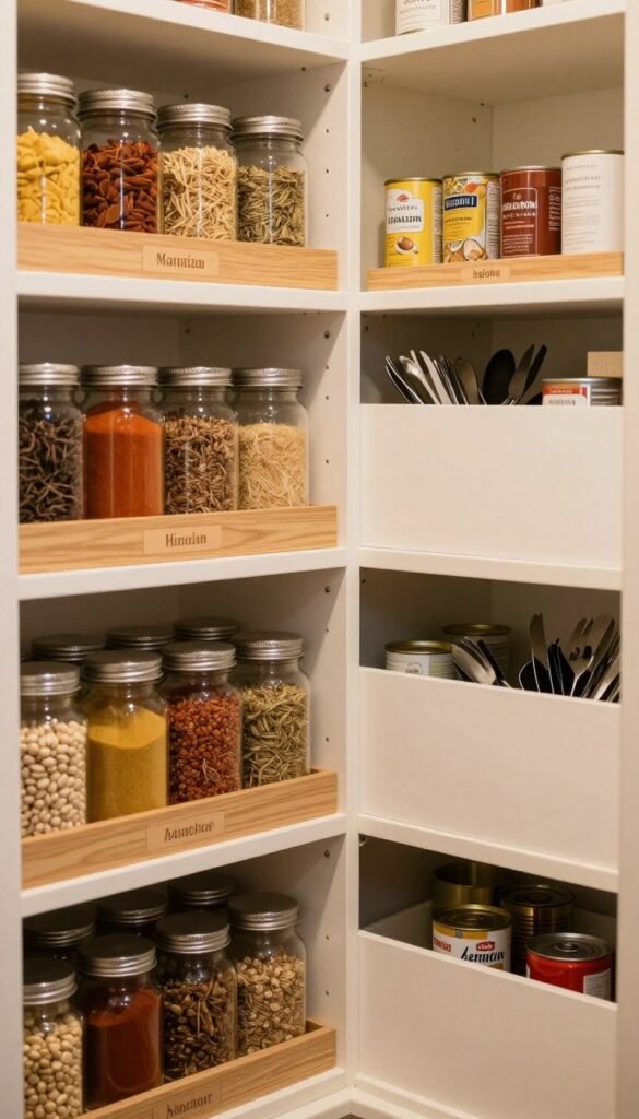 A beautifully organized pantry with a focus on practical storage solutions. In the foreground, neatly arranged shelves filled with jars of spices, grains, and canned goods, showcasing a variety of colors and textures. Each shelf tier is visibly labeled for easy identification, with wooden dividers for added structure. The middle ground features clean, coordinated drawer sets containing utensils and additional supplies, enhancing functionality. In the background, subtle lighting illuminates the pantry, casting a warm and inviting glow that highlights the organized layout. The image captures a Pinterest-inspired aesthetic, with soft shadows, a cozy atmosphere, and a sense of harmony and order in a well-utilized, functional space. A beautifully organized pantry with a focus on practical storage solutions. In the foreground, neatly arranged shelves filled with jars of spices, grains, and canned goods, showcasing a variety of colors and textures. Each shelf tier is visibly labeled for easy identification, with wooden dividers for added structure. The middle ground features clean, coordinated drawer sets containing utensils and additional supplies, enhancing functionality. In the background, subtle lighting illuminates the pantry, casting a warm and inviting glow that highlights the organized layout. The image captures a Pinterest-inspired aesthetic, with soft shadows, a cozy atmosphere, and a sense of harmony and order in a well-utilized, functional space.