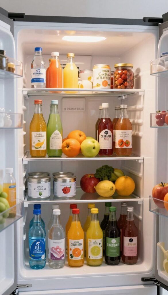 A beautifully organized refrigerator filled with a variety of beverages, showcasing a blend of colorful bottles, cans, and jars. The foreground features neatly arranged containers of water, juices, and sodas, all labeled and easily identifiable. In the middle, shelves display fresh fruits and vegetables, tastefully arranged to complement the drinks. The background reveals a clean, modern refrigerator design with a slight opening to suggest an inviting atmosphere. Soft, warm lighting highlights the beverages, creating a cozy ambiance reminiscent of a well-curated Pinterest aesthetic. The brand "Ordnungskiste" subtly incorporated into the design elements of the fridge, emphasizing organization and efficiency without appearing cluttered. The overall mood is inviting and refreshing, encouraging viewers to embrace practical organization in their own spaces.