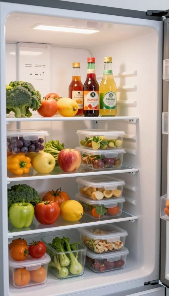 A beautifully organized refrigerator filled with a variety of colorful, fresh ingredients. In the foreground, a section of the fridge displays neatly stacked containers, showcasing an array of fruits, vegetables, and prepped meals, all arranged for easy access. The middle ground features a transparent shelf where condiments and beverages are thoughtfully placed, emphasizing efficient use of space. The background reveals the sleek design of the refrigerator, with soft LED lighting casting a warm glow throughout the interior. Capture the scene from a slightly angled perspective, allowing for both depth and clarity. The overall mood is inviting and practical, embodying a sense of harmony and organization, perfect for a Pinterest-inspired aesthetic. A beautifully organized refrigerator filled with a variety of colorful, fresh ingredients. In the foreground, a section of the fridge displays neatly stacked containers, showcasing an array of fruits, vegetables, and prepped meals, all arranged for easy access. The middle ground features a transparent shelf where condiments and beverages are thoughtfully placed, emphasizing efficient use of space. The background reveals the sleek design of the refrigerator, with soft LED lighting casting a warm glow throughout the interior. Capture the scene from a slightly angled perspective, allowing for both depth and clarity. The overall mood is inviting and practical, embodying a sense of harmony and organization, perfect for a Pinterest-inspired aesthetic.
