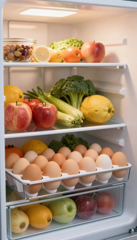 A beautifully organized refrigerator interior featuring a distinctive egg holder designed for safe egg storage. In the foreground, the stylish egg organizer displays a variety of fresh eggs in an organized manner, each egg nestled securely in its own compartment. The middle ground showcases shelves filled with colorful fruits and vegetables, contributing to a vibrant atmosphere. The background reveals the refrigerator's sleek design, with warm, inviting lighting that enhances the natural colors of the food items. The scene is captured from a slightly angled perspective to emphasize depth while maintaining clarity. The overall mood is cozy and visually appealing, evoking a sense of order and freshness in food storage, perfect for a Pinterest-inspired aesthetic.
