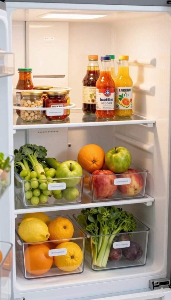 A beautifully organized refrigerator interior featuring a modern and efficient "Ordnungskiste" storage system. In the foreground, vibrant fruits and vegetables are neatly arranged in clear acrylic bins, paired with labeled dividers for optimal tracking. In the middle, sleek, rotating turntables showcase jars of sauces and condiments, harmoniously fitting into a chic, minimalist area. The background reveals a subtle, warm lighting effect, enhancing the color palette of various food items and creating a cozy atmosphere. The image should capture a fresh, Pinterest-inspired aesthetic, evoking a sense of calm and order without any text overlays or distractions. The focus is on the practicality and beauty of an organized kitchen fridge.