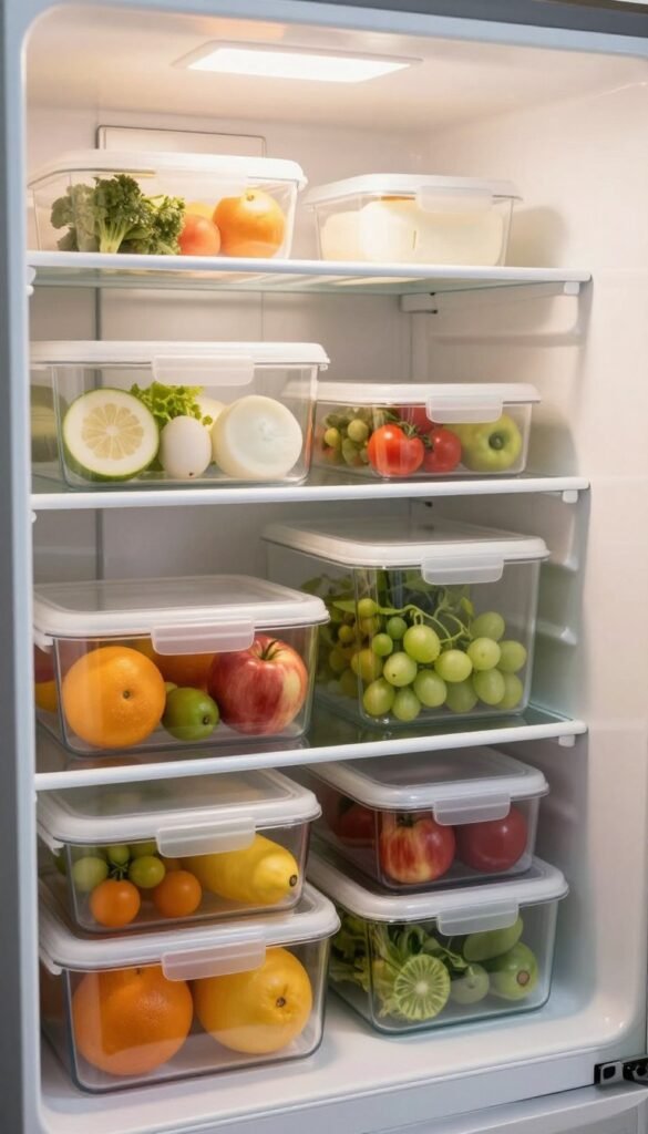 A beautifully organized refrigerator interior featuring a variety of clear storage boxes filled with fresh produce, dairy, and condiments. In the foreground, focus on an aesthetically pleasing arrangement of colorful fruits and vegetables in transparent containers, showcasing a neat presentation. In the middle, include shelves with labeled boxes, emphasizing an organized environment that minimizes chaos and food waste. The background should have smooth, clean lines of the refrigerator walls with soft, warm lighting to create a cozy, inviting atmosphere. Use a slightly elevated angle to capture the full visual impact of the organized setup. The overall mood should exude simplicity and efficiency, reminiscent of a Pinterest-inspired kitchen organization, emphasizing utility and beauty without any text or watermarks.
