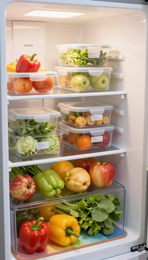 A beautifully organized refrigerator interior featuring transparent drawer organizers and non-slip mats, showcasing a variety of fresh fruits, vegetables, and neatly stacked food containers. In the foreground, focus on vibrant bell peppers and leafy greens resting on a colorful anti-slip mat, while the middle layer highlights spacious, clear containers with labels, harmoniously sorted. The background reveals a well-lit fridge with interior LED lighting, enhancing the clean and inviting atmosphere. Soft, warm colors create a cozy feeling, while the arrangement appears Pinterest-worthy and authentic. The image should capture the essence of cleanliness and stress-free organization, devoid of any text or markings.
