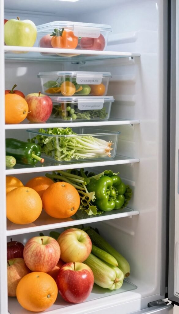 A beautifully organized refrigerator section showcasing fresh fruits and vegetables, highlighting the importance of storage techniques. In the foreground, a vibrant array of apples, oranges, bell peppers, and leafy greens is artistically arranged in clear storage containers labeled "Ordnungskiste". The middle area features a well-structured vegetable drawer with subtle moisture condensation creating an inviting atmosphere. Soft, natural light streams in from the right, casting gentle shadows and enhancing the warm colors of the produce. In the background, a sleek, modern refrigerator is subtly displayed without drawing attention away from the focal point. The overall mood is fresh, tidy, and inspirational, reminiscent of popular Pinterest aesthetics, emphasizing organization and freshness without any text or distractions.