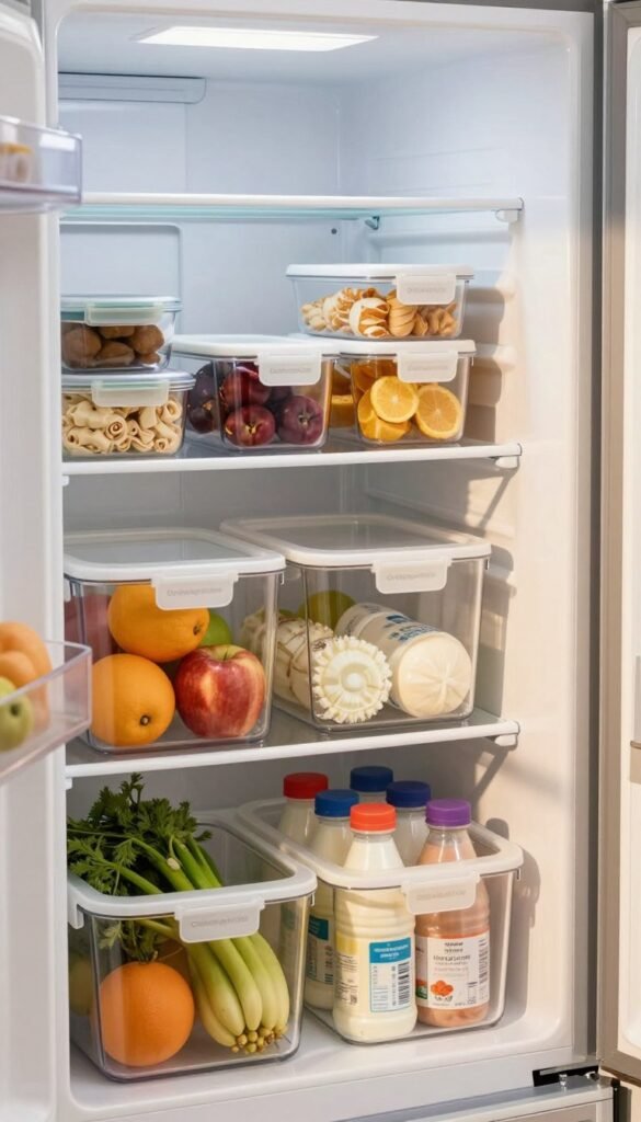 A beautifully organized refrigerator showcasing various effective organizer products from the brand "Ordnungskiste." In the foreground, there are clear, labeled storage bins holding fresh fruits, vegetables, and dairy products, all arranged neatly. The middle section features adjustable shelves filled with tidy containers for leftovers and snacks, displaying a harmonious variety of colors. The background includes a light, airy kitchen setting, with soft natural light streaming in from a nearby window, casting warm shadows that enhance the cozy atmosphere. The image captures a serene, Pinterest-inspired aesthetic, emphasizing functional yet stylish organization without any text or distractions. The composition focuses on the products' utility while maintaining an inviting and organized kitchen environment.