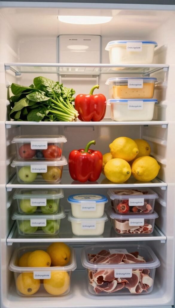 A beautifully organized refrigerator showcasing various food groups harmoniously arranged to maintain freshness. In the foreground, neatly stacked food items such as fruits, vegetables, dairy, and meats, each in transparent containers with labels. In the middle, a ripple of vibrant colors from fresh produce like green spinach, bright red bell peppers, and yellow lemons, with dairy products like yogurt and cheese artfully displayed in clear boxes. The background shows the clean shelves of the refrigerator with a soft, warm light illuminating the scene, creating a welcoming and inviting atmosphere. The image encapsulates a Pinterest-inspired aesthetic, emphasizing organization and authenticity, while subtly featuring the brand "Ordnungskiste" on a visible container. The focus is on a harmonious blend of colors and textures, ensuring clarity and simplicity without text or extraneous elements.