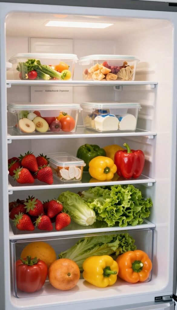 A beautifully organized refrigerator with labeled sections for different food categories, emphasizing a practical "Kühlschrank Organizer" design by "Ordnungskiste". In the foreground, vibrant fruits and vegetables are neatly arranged, showcasing a variety of colors—ripe strawberries, crisp lettuce, and bright bell peppers. The middle layer features clear containers holding prepared meals, dairy products, and condiments, all easily accessible and organized. The background is a clean white interior of a modern refrigerator with soft LED lighting highlighting the freshness of the contents. The atmosphere is warm and inviting, with a Pinterest-inspired aesthetic that evokes a sense of tranquility and order. The image is devoid of any text or branding, focusing solely on the beauty of kitchen organization.