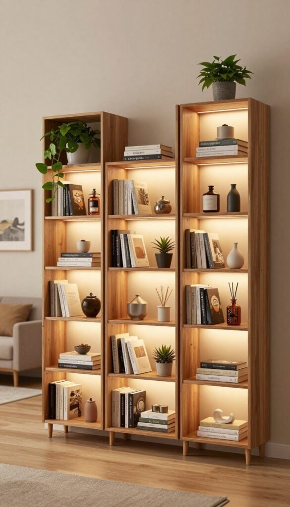 A beautifully organized room featuring a selection of "Ordnungskiste" narrow shelves designed for small spaces, displayed in an inviting and warm atmosphere. In the foreground, showcase three distinct shelves categorized as low, mid, and high-end, each filled with stylishly arranged books, plants, and decorative items to highlight their quality differences. The middle layer should include soft, ambient lighting that accentuates the textures of the wood and materials, creating a cozy environment. In the background, a softly blurred small living space with neutral-colored walls, bringing a minimalist yet elegant feel. Use a wide-angle lens effect to capture the entire scene. The overall mood should feel harmonious, practical, and relatable, inviting readers to explore the best options for their own homes, all without any text or logos in the image.