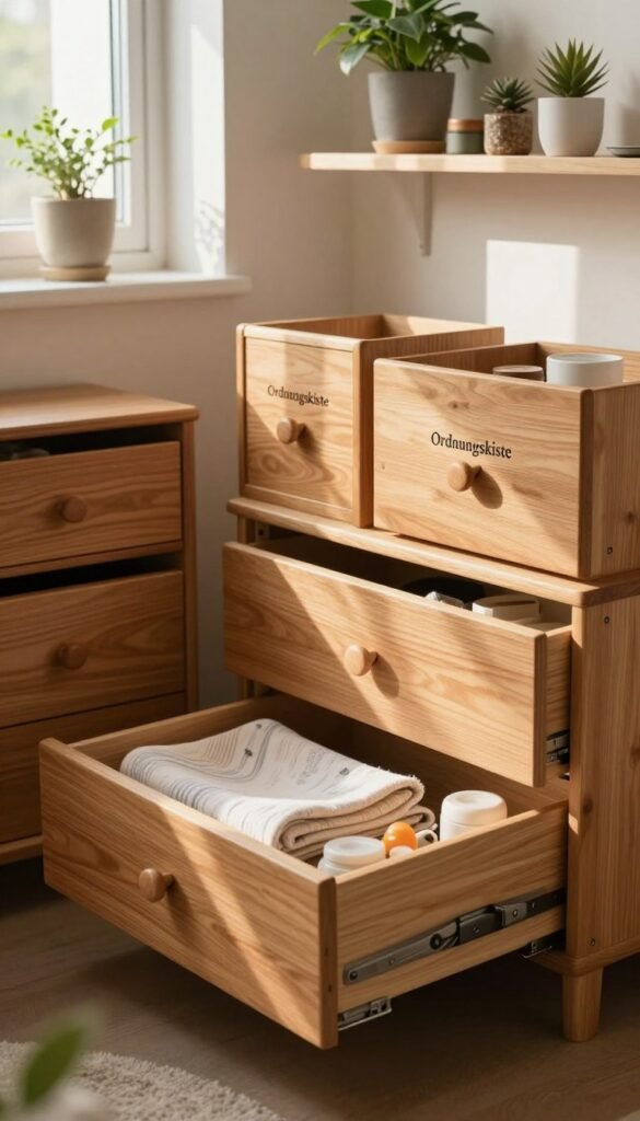A beautifully organized room featuring several wooden "Ordnungskiste" drawers in varying sizes, elegantly arranged along a softly lit wall. In the foreground, one drawer is slightly open, revealing neatly folded fabric and small household items, showcasing effective organization. The middle of the scene displays a cozy, inviting atmosphere enhanced by warm, natural light streaming through a nearby window, casting gentle shadows. The background features a stylish, minimalistic shelf adorned with potted plants and decorative objects, enhancing the feeling of harmony. Soft textures and earthy tones create a Pinterest-worthy aesthetic, inspiring viewers to visualize the impact of effective organizers on daily life, all while ensuring a clutter-free environment. No text, signatures, or watermarks are present, making the image purely focused on the beauty of organization.