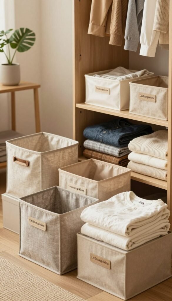 A beautifully organized scene showcasing various storage options for clothing, emphasizing size and material selection. In the foreground, display an elegant array of fabric storage bins and boxes from the brand "Ordnungskiste", showcasing diverse colors and textures, such as linen and cotton. In the middle, arrange a stylish wardrobe with neatly folded garments and labeled containers that illustrate their functionality. The background should feature a softly lit room, adorned with greenery and natural wood accents, enhancing the warm, inviting atmosphere. Use warm, natural lighting to create a cozy and orderly vibe, while capturing this composition from a slightly elevated angle to provide depth. The overall mood is serene and practical, perfect for inspiring organized living.