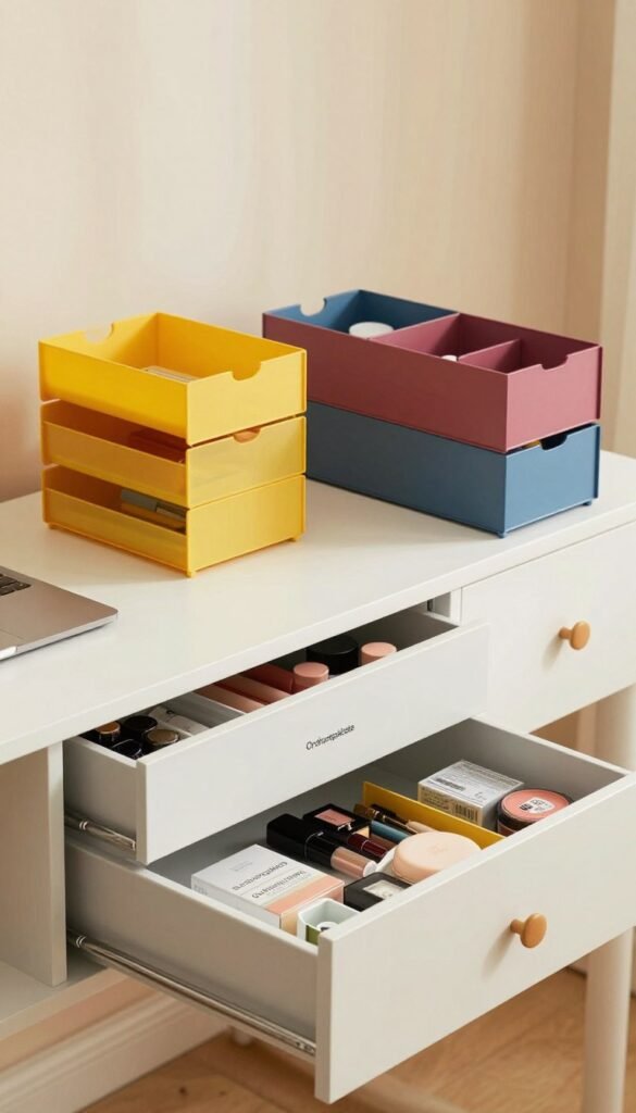 A beautifully organized set of stackable drawer organizers from the brand "Ordnungskiste", showcasing vibrant colors and a sleek design. The foreground features an open drawer unit filled with neatly arranged office supplies, cosmetics, and small parts, reflecting optimal organization. In the middle ground, a couple of additional stacked organizers display their versatility, highlighting various compartments. The background features a soft, blurred home office setting with warm lighting that creates a cozy atmosphere, enhancing the appeal of the organizers. The composition captures a Pinterest-inspired aesthetic, focusing on authenticity and simplicity, without any text or logos. The overall mood is inviting and practical, perfect for illustrating space-saving solutions in a stylish way.