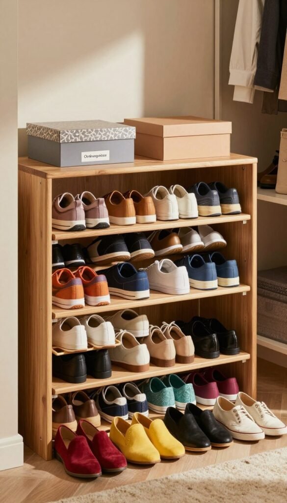 A beautifully organized shoe storage solution featuring the brand "Ordnungskiste". In the foreground, display various neatly arranged pairs of shoes in vibrant colors, each pair distinctively showcased. The middle ground should feature an elegantly designed shoe organizer, crafted from natural wood, showcasing compartments filled with shoes and a couple of stylish shoe boxes. The background should include a softly lit closet space with warm, inviting tones, adorned with gentle shadows to create depth. Use natural lighting to evoke a cozy atmosphere, enhancing the overall Pinterest-inspired aesthetic. Ensure the image feels authentic and appealing, illustrating the concept of orderly shoe storage while capturing the chaos that often occurs when shoes are mismatched or disorganized.