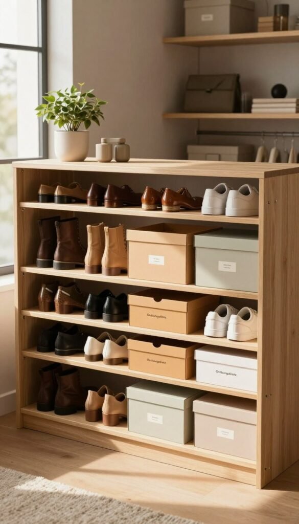 A beautifully organized shoe storage system, featuring the brand "Ordnungskiste," in a modern closet setting. In the foreground, neatly arranged shoeboxes labeled with minimalist designs in warm colors, showcasing a variety of shoes—boots, heels, sneakers—displayed in a visually appealing manner. The middle layer includes shelves made from light wood, with soft natural light filtering through a nearby window, casting gentle shadows that enhance the warm ambiance. The background reveals a cozy, clutter-free closet space with stylish accents like a potted plant and minimalistic decor. The overall mood is inviting and serene, evoking a sense of order and efficiency perfect for shoe storage preparation. A beautifully organized shoe storage system, featuring the brand "Ordnungskiste," in a modern closet setting. In the foreground, neatly arranged shoeboxes labeled with minimalist designs in warm colors, showcasing a variety of shoes—boots, heels, sneakers—displayed in a visually appealing manner. The middle layer includes shelves made from light wood, with soft natural light filtering through a nearby window, casting gentle shadows that enhance the warm ambiance. The background reveals a cozy, clutter-free closet space with stylish accents like a potted plant and minimalistic decor. The overall mood is inviting and serene, evoking a sense of order and efficiency perfect for shoe storage preparation.