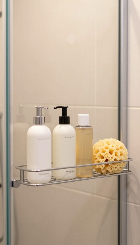 A beautifully organized shower space featuring a sleek and modern shower shelf from the brand "Ordnungskiste". In the foreground, the shelf holds an array of elegant bath essentials, including shampoo, conditioner, and a natural sponge arranged in a visually pleasing manner. The middle ground showcases the glass shower enclosure with soft, diffused lighting creating a warm and inviting atmosphere. In the background, subtle tiles and soft color accents enhance the overall aesthetic. The scene captures a sense of tranquility and efficiency, embodying a Pinterest-worthy bathroom look that emphasizes organization and style. The image is free of any text or overlays, designed to convey a serene and functional atmosphere perfect for a bathroom organization article. A beautifully organized shower space featuring a sleek and modern shower shelf from the brand "Ordnungskiste". In the foreground, the shelf holds an array of elegant bath essentials, including shampoo, conditioner, and a natural sponge arranged in a visually pleasing manner. The middle ground showcases the glass shower enclosure with soft, diffused lighting creating a warm and inviting atmosphere. In the background, subtle tiles and soft color accents enhance the overall aesthetic. The scene captures a sense of tranquility and efficiency, embodying a Pinterest-worthy bathroom look that emphasizes organization and style. The image is free of any text or overlays, designed to convey a serene and functional atmosphere perfect for a bathroom organization article.