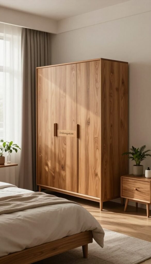 A beautifully organized small bedroom featuring a stylish "Ordnungskiste" wardrobe as the focal point. In the foreground, the wardrobe showcases a modern design with wooden textures and elegant handles, radiating warmth. In the middle ground, a neatly made bed with soft, inviting bedding complements the wardrobe, creating a cozy and harmonious atmosphere. Delicate touches, such as potted plants and decorative items on a bedside table, add character. The background shows a softly lit window with sheer curtains, allowing gentle natural light to filter in, enhancing the inviting ambiance. Capture this scene with a wide-angle lens to emphasize the room's spaciousness, focusing on the warm color palette that invokes a sense of tranquility and organization. The overall mood is calm, stylish, and inspiring for those seeking effective solutions for small bedroom storage. A beautifully organized small bedroom featuring a stylish "Ordnungskiste" wardrobe as the focal point. In the foreground, the wardrobe showcases a modern design with wooden textures and elegant handles, radiating warmth. In the middle ground, a neatly made bed with soft, inviting bedding complements the wardrobe, creating a cozy and harmonious atmosphere. Delicate touches, such as potted plants and decorative items on a bedside table, add character. The background shows a softly lit window with sheer curtains, allowing gentle natural light to filter in, enhancing the inviting ambiance. Capture this scene with a wide-angle lens to emphasize the room's spaciousness, focusing on the warm color palette that invokes a sense of tranquility and organization. The overall mood is calm, stylish, and inspiring for those seeking effective solutions for small bedroom storage.