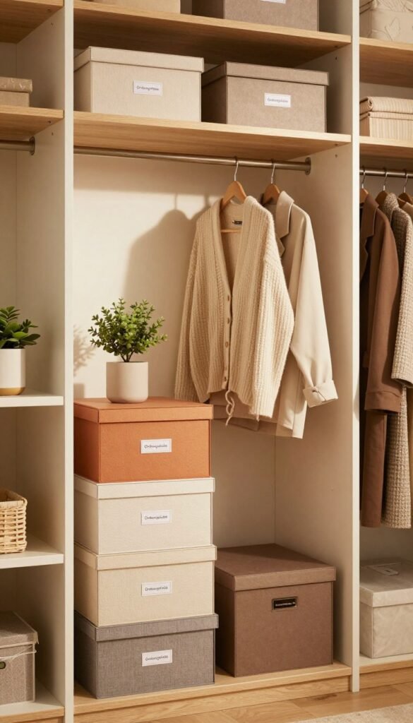 A beautifully organized small closet interior featuring innovative storage solutions from "Ordnungskiste". In the foreground, a series of elegant, stackable storage boxes with labels, showcasing a variety of colors and textures, create an inviting and orderly atmosphere. The middle layer reveals a stylishly arranged clothing section with neatly hung garments, incorporating vertical space with hooks and shelves maximized for efficiency. In the background, warm natural lighting floods the space, casting soft shadows and highlighting the wooden shelves and a small plant for a touch of greenery. The overall ambiance is cozy and aesthetically pleasing, reflecting a Pinterest-inspired design that emphasizes functionality and style. A beautifully organized small closet interior featuring innovative storage solutions from "Ordnungskiste". In the foreground, a series of elegant, stackable storage boxes with labels, showcasing a variety of colors and textures, create an inviting and orderly atmosphere. The middle layer reveals a stylishly arranged clothing section with neatly hung garments, incorporating vertical space with hooks and shelves maximized for efficiency. In the background, warm natural lighting floods the space, casting soft shadows and highlighting the wooden shelves and a small plant for a touch of greenery. The overall ambiance is cozy and aesthetically pleasing, reflecting a Pinterest-inspired design that emphasizes functionality and style.