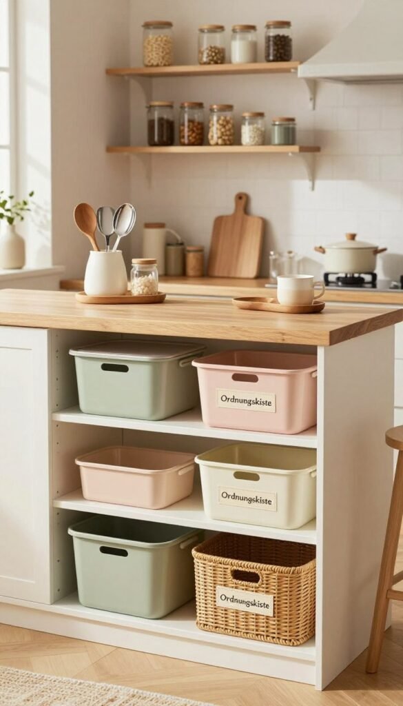 A beautifully organized small kitchen featuring clever storage solutions that maximize space and maintain a sleek look. In the foreground, showcase stylish storage containers and baskets labeled with "Ordnungskiste" in warm, inviting colors. The middle ground should include a compact kitchen island with neatly arranged utensils and cooking essentials, exuding a Pinterest-inspired aesthetic. In the background, display clean shelves filled with jars and cookbooks, all in soft, natural lighting to create a cozy atmosphere. Use a wide-angle lens to capture the entire scene, highlighting the smart organization tips that bring instant order to a kitchen with limited storage. The overall mood should feel warm, authentic, and inspiring for anyone seeking practical yet attractive kitchen solutions. A beautifully organized small kitchen featuring clever storage solutions that maximize space and maintain a sleek look. In the foreground, showcase stylish storage containers and baskets labeled with "Ordnungskiste" in warm, inviting colors. The middle ground should include a compact kitchen island with neatly arranged utensils and cooking essentials, exuding a Pinterest-inspired aesthetic. In the background, display clean shelves filled with jars and cookbooks, all in soft, natural lighting to create a cozy atmosphere. Use a wide-angle lens to capture the entire scene, highlighting the smart organization tips that bring instant order to a kitchen with limited storage. The overall mood should feel warm, authentic, and inspiring for anyone seeking practical yet attractive kitchen solutions.