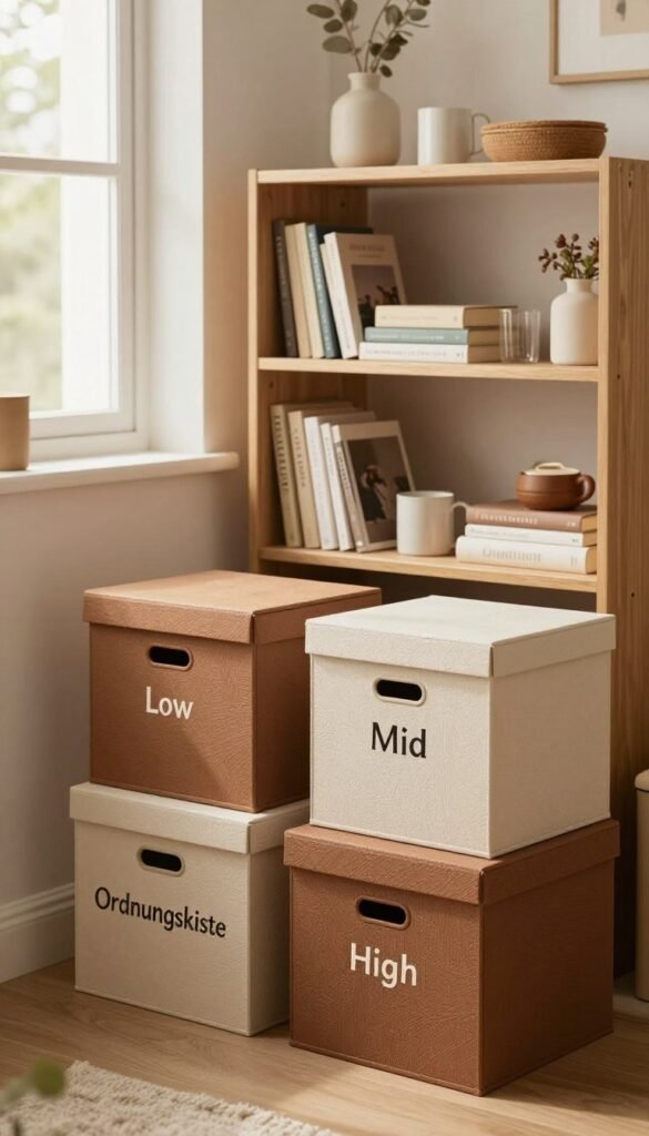 A beautifully organized small room showcasing different storage solutions categorized by budget: 'Low', 'Mid', and 'High'. In the foreground, stylish storage boxes labeled "Ordnungskiste", featuring warm earthy tones and textured finishes. The middle section displays an elegant shelving unit filled with neatly arranged books and decorative items, reflecting a Pinterest-inspired aesthetic. In the background, a window allows soft, natural light to pour in, enhancing the warm color palette, creating a cozy and inviting atmosphere. The scene should evoke a sense of harmony and organization, with a well-balanced layout that encourages efficient use of space, and no people present. Emphasize an authentic, clean look without any text or distractions.