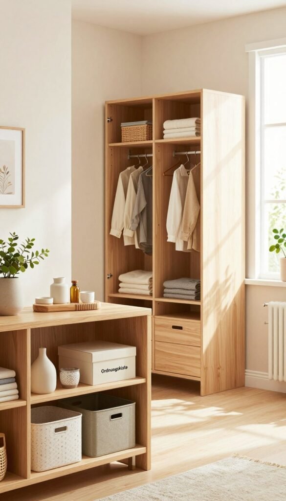 A beautifully organized small room showcasing innovative storage solutions, featuring "Ordnungskiste" products. In the foreground, a stylish wooden shelf with neatly arranged bins and decorative boxes, exuding a warm and inviting atmosphere. In the middle, a compact wardrobe with open sections showcasing folded clothes and accessories, demonstrating efficient use of limited space. The background reveals a softly lit room with pastel-colored walls, large windows allowing natural light to flood in, and subtle plant accents for a fresh touch. The overall mood is cozy and inspiring, ideal for an article about maximizing storage in small spaces, with a Pinterest aesthetic and natural colors, devoid of any text or branding. A beautifully organized small room showcasing innovative storage solutions, featuring "Ordnungskiste" products. In the foreground, a stylish wooden shelf with neatly arranged bins and decorative boxes, exuding a warm and inviting atmosphere. In the middle, a compact wardrobe with open sections showcasing folded clothes and accessories, demonstrating efficient use of limited space. The background reveals a softly lit room with pastel-colored walls, large windows allowing natural light to flood in, and subtle plant accents for a fresh touch. The overall mood is cozy and inspiring, ideal for an article about maximizing storage in small spaces, with a Pinterest aesthetic and natural colors, devoid of any text or branding.