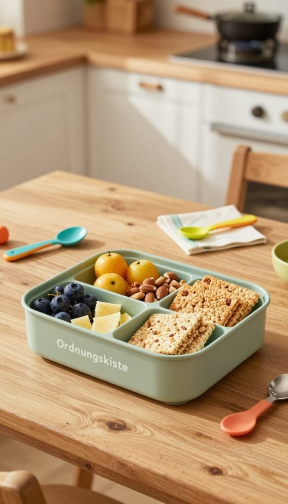 A beautifully organized snackbox by Ordnungskiste, situated on a rustic wooden table, filled with an assortment of colorful, healthy snacks for kids. In the foreground, the snackbox features compartments filled with fruits, nuts, and whole-grain crackers, all arranged appealingly. The middle ground includes playful, vibrant utensils, such as a child-friendly spoon and napkin, adding a touch of whimsy. The background softly fades to a cozy kitchen environment with warm, natural lighting, casting gentle shadows. The atmosphere is inviting and familial, embodying a Pinterest aesthetic with a warm color palette. The scene should be photorealistic, capturing the essence of organized snacks in a child's mealtime setting without any text or overlay.
