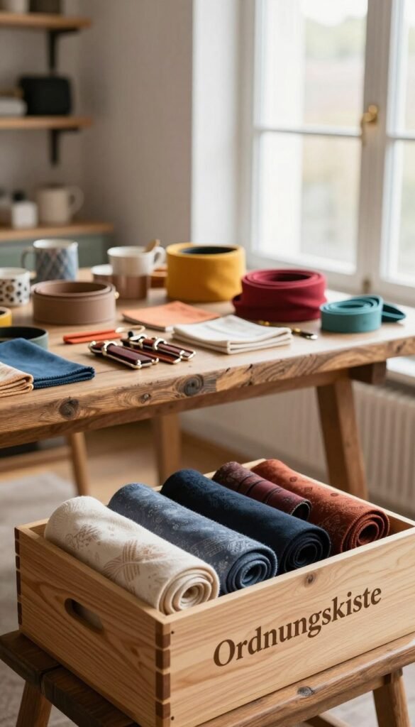 A beautifully organized space showcasing a variety of accessories, including belts, scarves, and small items neatly arranged. In the foreground, a stylish wooden box labeled "Ordnungskiste" holds neatly rolled scarves and neatly hung belts. In the middle, a rustic table holds additional accessories in vibrant colors, radiating warmth and inviting a sense of calm amidst the chaos. The background features soft, warm lighting through a large window, casting gentle shadows and creating a cozy atmosphere. The composition presents a Pinterest-inspired aesthetic with natural textures and a harmonious blend of colors, emphasizing the importance of organization in daily life. The image should convey a sense of serenity and order without any text or distractions.