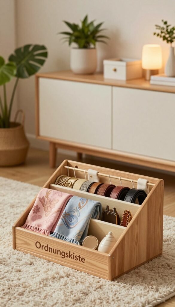 A beautifully organized space showcasing stylish and functional organizers for belts, scarves, and accessories. In the foreground, a well-designed wooden accessory organizer labeled "Ordnungskiste," featuring a variety of neatly arranged scarves, belts, and small accessories in warm pastel colors. In the middle ground, a soft, plush rug enhances the cozy atmosphere, while an elegant dresser displays additional organizing solutions, like decorative boxes and hanging racks. The background features a softly lit, stylishly decorated room, with green plants and warm lighting creating an inviting ambiance. The overall mood conveys harmony and efficiency, embodying the perfect blend of aesthetics and practicality. The image captures a Pinterest-worthy aesthetic, emphasizing natural materials and warm tones, inviting the viewer to envision how these organizers can transform any space.
