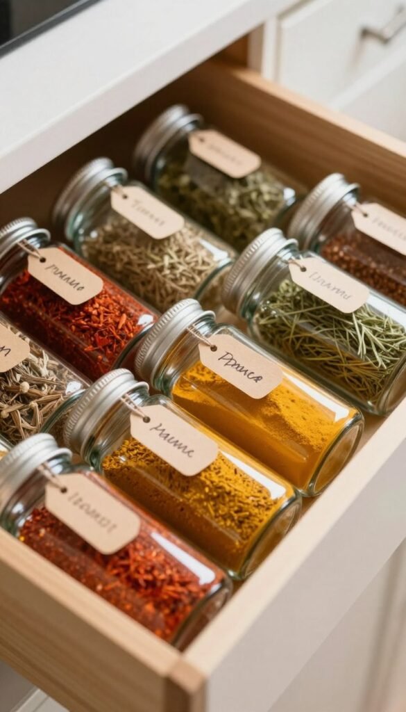 A beautifully organized spice drawer featuring a variety of glass jars, each labeled with elegant handwritten tags for quick identification. The foreground shows the jars lined up neatly, filled with vibrant spices like paprika, turmeric, and herbs, exuding warm, inviting colors. In the middle, a subtle wooden divider separates the jars, enhancing the sense of order and functionality. The background is softly blurred, suggesting a modern kitchen setting, illuminated by warm, natural light that adds a cozy atmosphere. The top-down perspective captures the spaciousness of the drawer, showcasing the efficient use of space and inviting a sense of calm and ease. No text or logos in the image, just an authentic Pinterest-inspired aesthetic. A beautifully organized spice drawer featuring a variety of glass jars, each labeled with elegant handwritten tags for quick identification. The foreground shows the jars lined up neatly, filled with vibrant spices like paprika, turmeric, and herbs, exuding warm, inviting colors. In the middle, a subtle wooden divider separates the jars, enhancing the sense of order and functionality. The background is softly blurred, suggesting a modern kitchen setting, illuminated by warm, natural light that adds a cozy atmosphere. The top-down perspective captures the spaciousness of the drawer, showcasing the efficient use of space and inviting a sense of calm and ease. No text or logos in the image, just an authentic Pinterest-inspired aesthetic.
