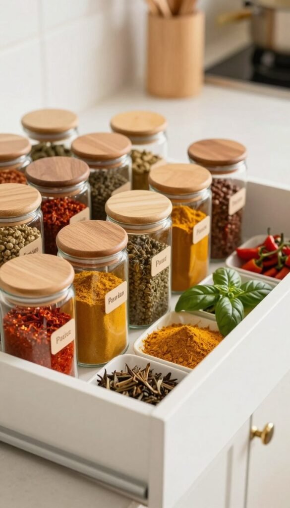 A beautifully organized spice drawer, featuring an array of colorful spice jars made from glass, with wooden lids, arranged neatly in a well-lit kitchen environment. The foreground showcases the neatly labeled jars, each filled with vibrant spices like paprika, turmeric, and basil. In the middle, the drawer is partially opened, revealing the layers of spices within. Soft, natural lighting enhances the warm tones of the spices, creating an inviting atmosphere. The background includes soft-focus elements of a kitchen countertop, with hints of utensils and herbs, contributing to a cozy, Pinterest-inspired look. The overall mood suggests practicality and aesthetic appeal, perfect for illustrating a well-designed drawer spice rack. A beautifully organized spice drawer, featuring an array of colorful spice jars made from glass, with wooden lids, arranged neatly in a well-lit kitchen environment. The foreground showcases the neatly labeled jars, each filled with vibrant spices like paprika, turmeric, and basil. In the middle, the drawer is partially opened, revealing the layers of spices within. Soft, natural lighting enhances the warm tones of the spices, creating an inviting atmosphere. The background includes soft-focus elements of a kitchen countertop, with hints of utensils and herbs, contributing to a cozy, Pinterest-inspired look. The overall mood suggests practicality and aesthetic appeal, perfect for illustrating a well-designed drawer spice rack.