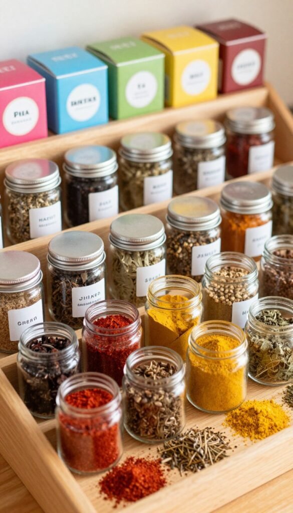 A beautifully organized spice rack filled with an array of small, colorful spice jars and tea boxes, creating a vibrant yet harmonious display. In the foreground, focus on a few open jars with spices spilling slightly, showcasing their rich textures and colors—think deep reds, yellows, and earthy browns. In the middle, the spice jars are arranged by size, with labels clearly visible, radiating a sense of order. The background features soft, warm lighting that enhances the natural wood tones of the rack, giving a cozy, inviting atmosphere. Capture this scene from a slightly elevated angle for a dynamic view that communicates both chaos and order, reminiscent of a Pinterest-inspired kitchen aesthetic, while ensuring authenticity without any text or branding. A beautifully organized spice rack filled with an array of small, colorful spice jars and tea boxes, creating a vibrant yet harmonious display. In the foreground, focus on a few open jars with spices spilling slightly, showcasing their rich textures and colors—think deep reds, yellows, and earthy browns. In the middle, the spice jars are arranged by size, with labels clearly visible, radiating a sense of order. The background features soft, warm lighting that enhances the natural wood tones of the rack, giving a cozy, inviting atmosphere. Capture this scene from a slightly elevated angle for a dynamic view that communicates both chaos and order, reminiscent of a Pinterest-inspired kitchen aesthetic, while ensuring authenticity without any text or branding.