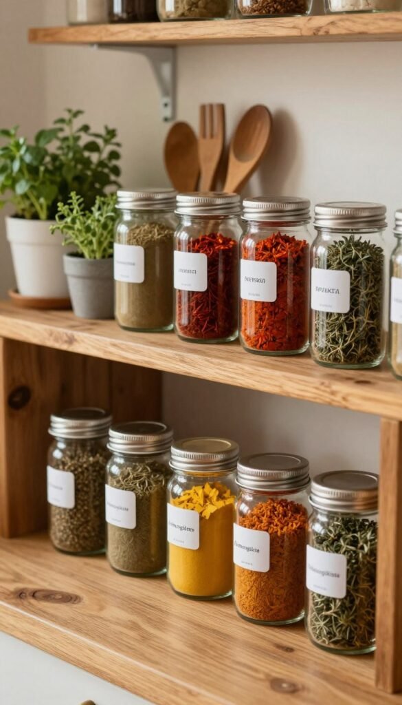 A beautifully organized spice storage setup featuring various jars labeled with spices like cumin, paprika, and thyme, all arranged neatly on a rustic wooden shelf. In the foreground, a few clear glass jars filled with colorful spices catch the warm, natural light, showcasing their rich textures and hues. The middle ground features an inviting kitchen atmosphere with herbs in small pots and wooden tools adding to the charm. In the background, a soft-focus view of a cozy kitchen with warm tones emphasizes a sense of home. The image should reflect a Pinterest aesthetic – authentic and visually appealing, capturing the essence of proper spice storage. Brand name "Ordnungskiste" subtly presented in the design without any text overlays.