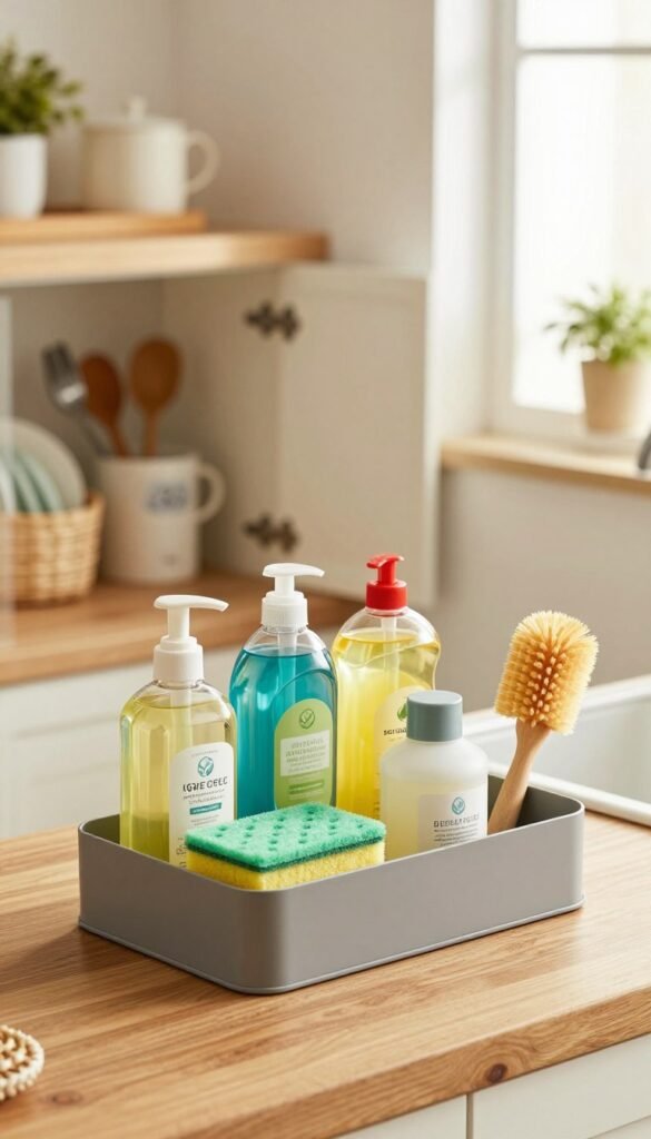 A beautifully organized spülbecken organizer set in a cozy kitchen environment, showcasing various cleaning supplies like dish soap, sponges, and brushes neatly arranged in stylish compartments. In the foreground, a modern, minimalist gray organizer rests on a wooden countertop, filled with vibrant, eco-friendly cleaning products. The middle ground features an open cabinet revealing additional storage for dish towels and utensils, while the background contains soft natural lighting filtering through a window, illuminating the space with warm tones. The atmosphere is inviting and serene, embodying a Pinterest-inspired aesthetic, emphasizing cleanliness and order without any text or clutter. A beautifully organized spülbecken organizer set in a cozy kitchen environment, showcasing various cleaning supplies like dish soap, sponges, and brushes neatly arranged in stylish compartments. In the foreground, a modern, minimalist gray organizer rests on a wooden countertop, filled with vibrant, eco-friendly cleaning products. The middle ground features an open cabinet revealing additional storage for dish towels and utensils, while the background contains soft natural lighting filtering through a window, illuminating the space with warm tones. The atmosphere is inviting and serene, embodying a Pinterest-inspired aesthetic, emphasizing cleanliness and order without any text or clutter.