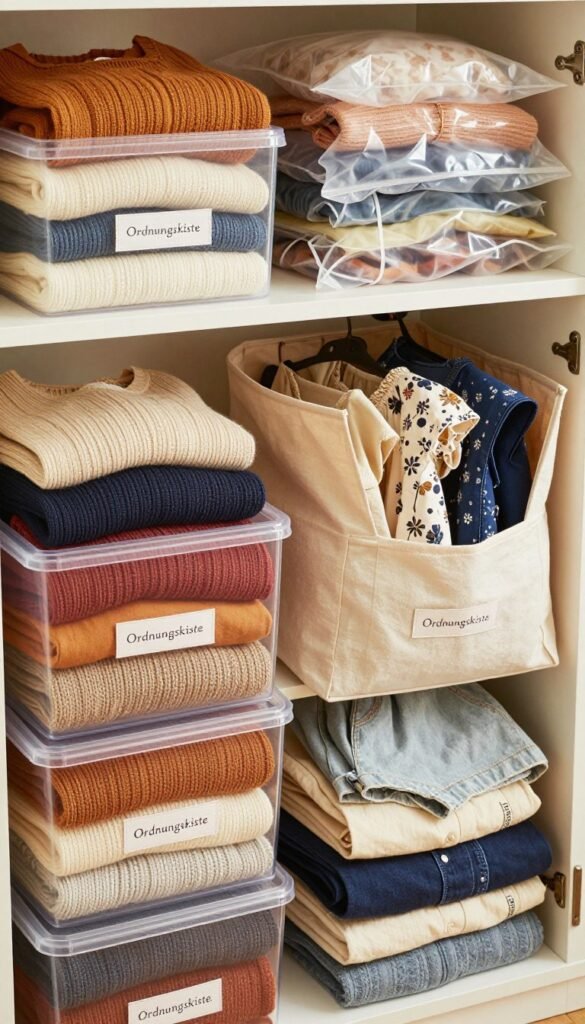 A beautifully organized storage solution for seasonal clothing, featuring a variety of containers labeled "Ordnungskiste." In the foreground, display stackable clear boxes filled with neatly folded sweaters in rich, warm colors. In the middle, showcase collapsible fabric bags filled with summer dresses and shorts, giving off a cozy, inviting atmosphere. In the background, include vacuum-sealed bags that demonstrate efficient space-saving options. Soft, natural lighting highlights the textures of the fabrics while creating a warm, welcoming environment. The entire scene conveys a sense of order and efficiency, resembling a stylish Pinterest aesthetic, with no text or distractions, focusing solely on the clever storage solutions.