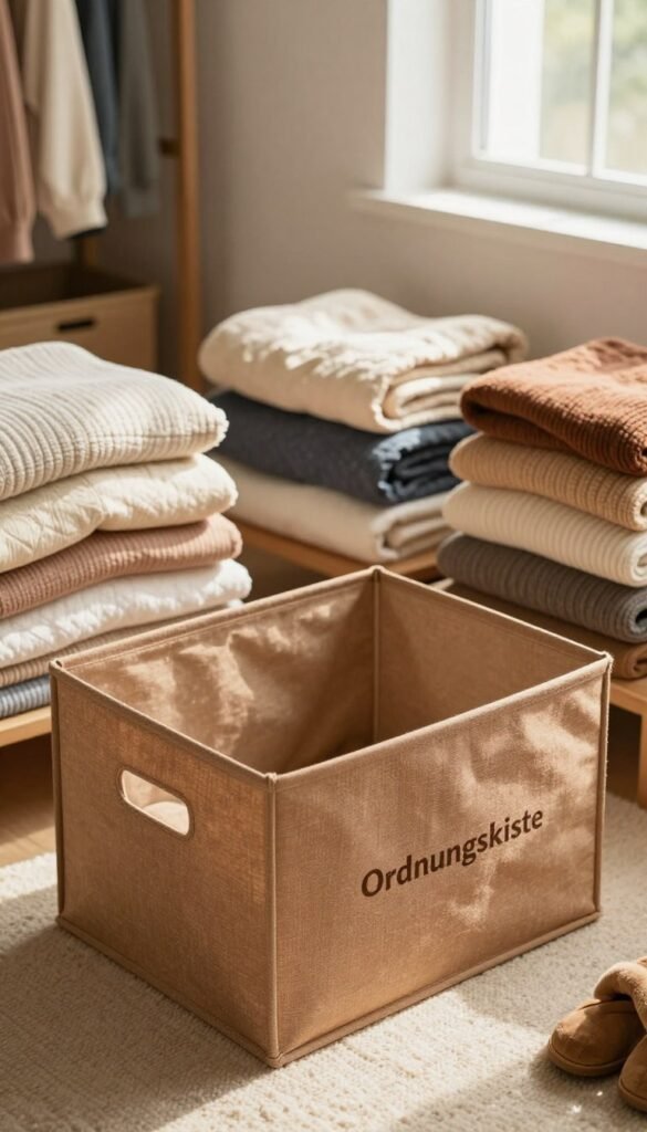 A beautifully organized storage space featuring an "Ordnungskiste" storage box, emphasizing size as a key factor. In the foreground, showcase the spacious box with a textured fabric cover in warm earthy tones, highlighting its ample storage capacity. The middle ground includes neatly bundled items like blankets, seasonal clothing, or toys, artfully arranged around the box. In the background, a softly lit room with natural light streaming through a window, casting gentle shadows, creates a cozy atmosphere. The setting should evoke a sense of practicality and sophistication, with inviting warm colors and a Pinterest-worthy aesthetic. Capture the scene from a slightly elevated angle to focus on the box's size, with everything harmoniously coalescing in a clutter-free environment. A beautifully organized storage space featuring an "Ordnungskiste" storage box, emphasizing size as a key factor. In the foreground, showcase the spacious box with a textured fabric cover in warm earthy tones, highlighting its ample storage capacity. The middle ground includes neatly bundled items like blankets, seasonal clothing, or toys, artfully arranged around the box. In the background, a softly lit room with natural light streaming through a window, casting gentle shadows, creates a cozy atmosphere. The setting should evoke a sense of practicality and sophistication, with inviting warm colors and a Pinterest-worthy aesthetic. Capture the scene from a slightly elevated angle to focus on the box's size, with everything harmoniously coalescing in a clutter-free environment.