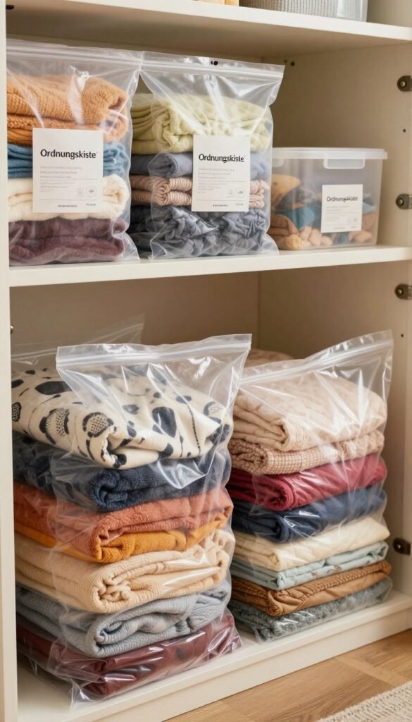 A beautifully organized storage space featuring vacuum-sealed bags from the brand "Ordnungskiste," showcasing large textiles such as blankets, bedding, and winter clothing. In the foreground, highlight clear vacuum-sealed bags with a colorful variety of fabrics, emphasizing their reduced size and neat appearance. The middle ground should show a well-structured shelf or storage unit, elegantly arranged with additional containers and some open space for air circulation. The background includes soft, warm lighting that enhances the natural colors of the textiles, creating a cozy atmosphere. The angle should be slightly above eye level, providing a comprehensive view of the entire storage setup, evoking a sense of tranquility and order. Include a Pinterest-inspired aesthetic, with the emphasis on authenticity and warmth, without any text or distractions in the image.