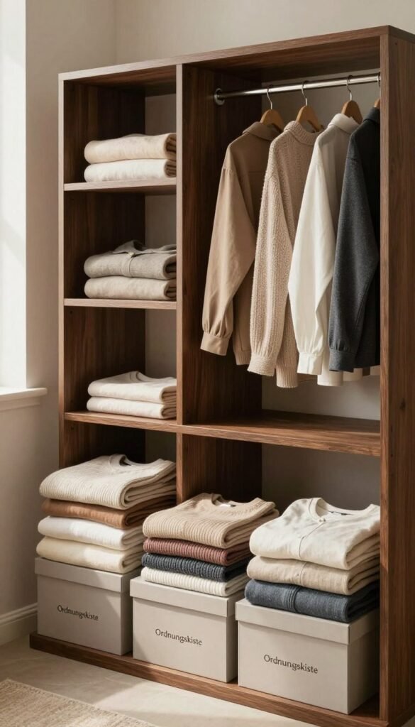 A beautifully organized storage space showcasing effective clothing storage methods with a focus on the brand "Ordnungskiste". In the foreground, a neatly stacked assortment of seasonal clothes in soft, neutral tones, folded and stored in decorative boxes labeled with the brand name. The middle ground features a stylish, dark wooden shelving unit with more clothing options hanging, all displayed in an orderly fashion, creating a sense of tidiness. The background is a subtle, softly-lit room with shades of warm beige and brown, emphasizing a clean and serene atmosphere. Use natural lighting filtering through a window to create gentle shadows, enhancing a cozy yet organized vibe. This image captures the essence of "clean, dry, dark, and cool" storage regulations in a visually appealing way suitable for an article. A beautifully organized storage space showcasing effective clothing storage methods with a focus on the brand "Ordnungskiste". In the foreground, a neatly stacked assortment of seasonal clothes in soft, neutral tones, folded and stored in decorative boxes labeled with the brand name. The middle ground features a stylish, dark wooden shelving unit with more clothing options hanging, all displayed in an orderly fashion, creating a sense of tidiness. The background is a subtle, softly-lit room with shades of warm beige and brown, emphasizing a clean and serene atmosphere. Use natural lighting filtering through a window to create gentle shadows, enhancing a cozy yet organized vibe. This image captures the essence of "clean, dry, dark, and cool" storage regulations in a visually appealing way suitable for an article.