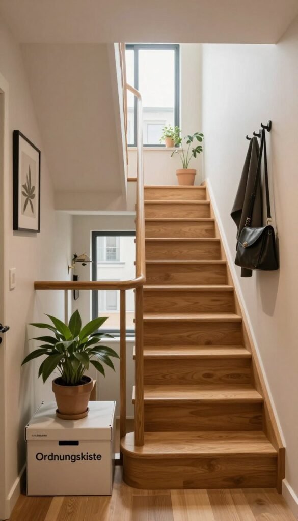 A beautifully organized "treppenhaus" (staircase) in a modern apartment building, featuring a stylish and clutter-free entryway. In the foreground, a sleek "Ordnungskiste" box rests beside a potted plant, adding a touch of greenery. The middle section showcases elegant wooden stairs with a polished handrail, leading up to a well-lit landing adorned with soft, warm lighting. The walls are painted in soothing neutral tones, complemented by artfully arranged wall hooks for hanging coats and bags. In the background, large windows allow natural light to flood the space, creating an inviting atmosphere. The overall mood is harmonious and orderly, fitting for a rental space, while maintaining a Pinterest-worthy aesthetic.