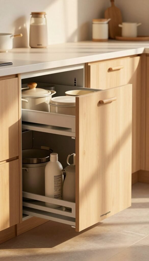 A beautifully organized under-counter storage area showcasing innovative solutions like pull-out drawers and pedestal drawers, specifically designed to maximize space beneath a refrigerator. In the foreground, sleek wooden cabinets with soft-close mechanisms and modern handles, featuring the brand label "Ordnungskiste" subtly integrated. The middle ground reveals open drawers filled with neatly arranged kitchen items, such as pots, pans, and cleaning supplies, emphasizing accessibility and efficiency. The background shows a clean, well-lit kitchen ambiance with warm, inviting colors that create a cozy atmosphere. Use natural lighting to enhance the warmth, perhaps golden hour light streaming through a nearby window, creating soft shadows that accentuate the textures of the cabinet materials. The overall mood is one of calm efficiency and aesthetic appeal, highlighting the potential of under-sink storage solutions.
