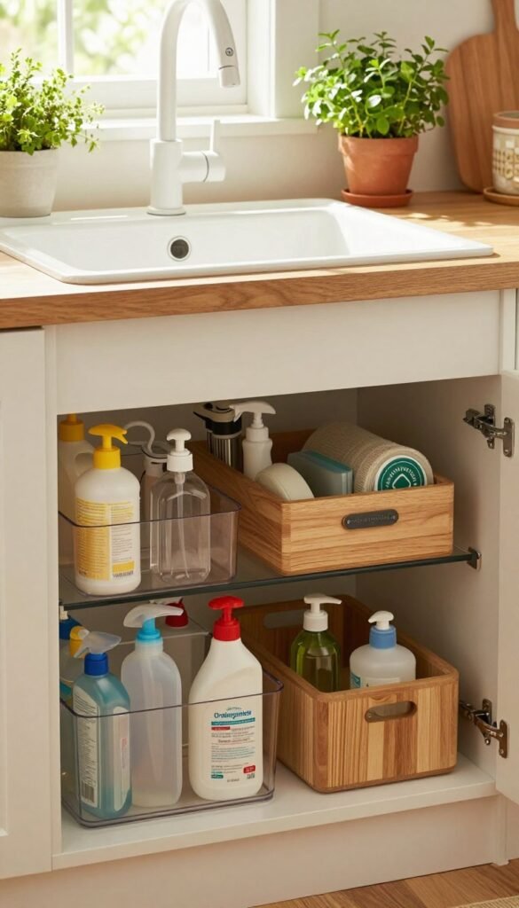 A beautifully organized under-sink area featuring a stylish setup by "Ordnungskiste". In the foreground, neatly arranged storage bins hold cleaning supplies and kitchen essentials, showcasing a mix of transparent and wooden containers. The middle layer reveals a clean, white sink with attractive plumbing and a few vibrant potted herbs on the side, adding a splash of greenery. In the background, warm natural light pours in, illuminating the scene through a small window, enhancing the cozy atmosphere. The composition captures a Pinterest-worthy aesthetic, emphasizing simplicity and functionality, with a warm color palette to evoke a sense of calm and order. No text or markings are present in the image. A beautifully organized under-sink area featuring a stylish setup by "Ordnungskiste". In the foreground, neatly arranged storage bins hold cleaning supplies and kitchen essentials, showcasing a mix of transparent and wooden containers. The middle layer reveals a clean, white sink with attractive plumbing and a few vibrant potted herbs on the side, adding a splash of greenery. In the background, warm natural light pours in, illuminating the scene through a small window, enhancing the cozy atmosphere. The composition captures a Pinterest-worthy aesthetic, emphasizing simplicity and functionality, with a warm color palette to evoke a sense of calm and order. No text or markings are present in the image.