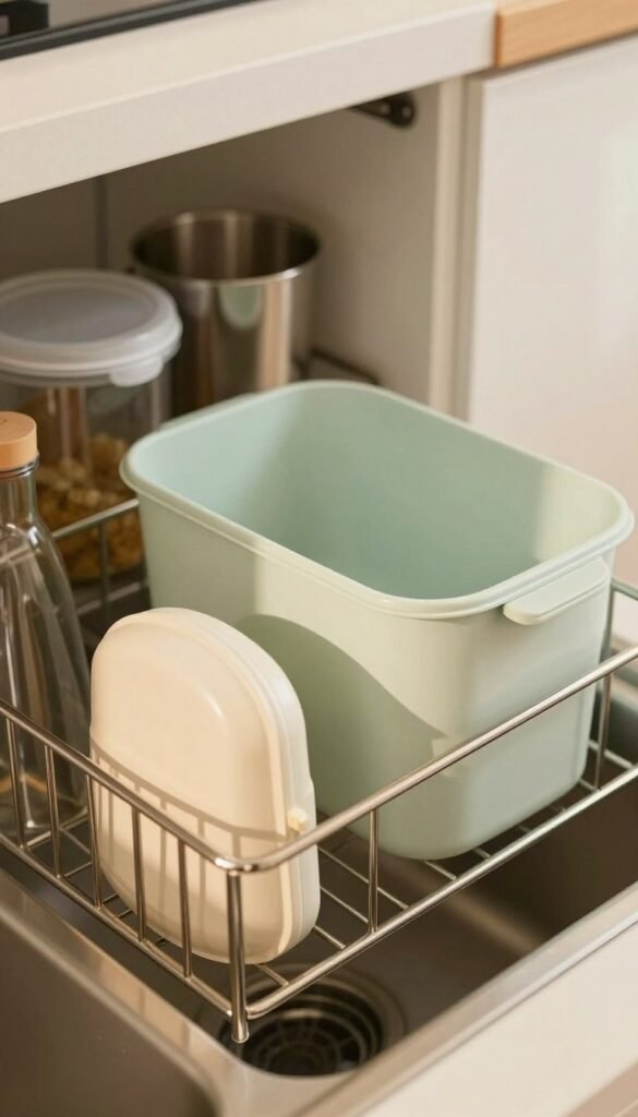 A beautifully organized under-sink area showcasing various materials used for kitchen storage solutions. In the foreground, a sleek stainless steel organizer holds various kitchen supplies, contrasted with a modern, durable plastic bin colored in soft pastels. In the middle, a series of metallic and plastic containers are displayed harmoniously, emphasizing their stability and design. The background features a subtle hint of a clean, tiled kitchen wall with warm, natural lighting streaming in, creating a cozy atmosphere. A close-up perspective highlights the textures and finishes of the materials, blending functionality and aesthetics. The overall mood is inviting and organized, reflecting a Pinterest-inspired look with an emphasis on authenticity and clarity. No text or logos are included. A beautifully organized under-sink area showcasing various materials used for kitchen storage solutions. In the foreground, a sleek stainless steel organizer holds various kitchen supplies, contrasted with a modern, durable plastic bin colored in soft pastels. In the middle, a series of metallic and plastic containers are displayed harmoniously, emphasizing their stability and design. The background features a subtle hint of a clean, tiled kitchen wall with warm, natural lighting streaming in, creating a cozy atmosphere. A close-up perspective highlights the textures and finishes of the materials, blending functionality and aesthetics. The overall mood is inviting and organized, reflecting a Pinterest-inspired look with an emphasis on authenticity and clarity. No text or logos are included.