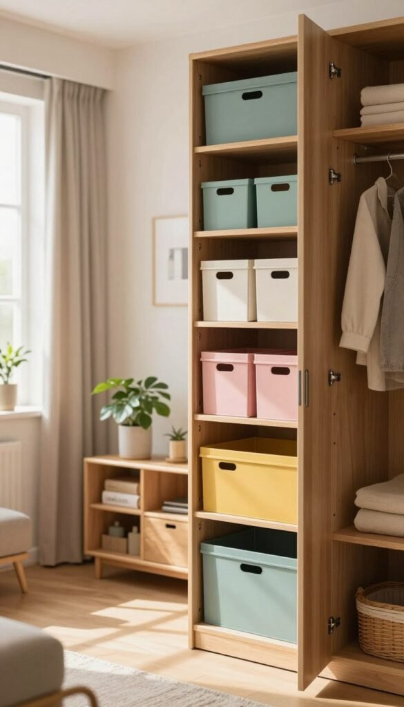 A beautifully organized vertical storage solution featuring "Ordnungskiste" products. In the foreground, a tall, modern wardrobe opened to display neatly arranged shelves filled with colorful bins and boxes, creating a sense of order. The middle scene includes a stylish room with soft natural light streaming through a window, highlighting the warm colors of the wood and textiles. Plant accents add a touch of greenery and life to the space. In the background, a hint of a cozy living area can be seen, maintaining the atmosphere of a harmonious home. The overall mood is inviting and practical, emphasizing neat organization and efficiency in using vertical space. No text or markings will appear in the image.