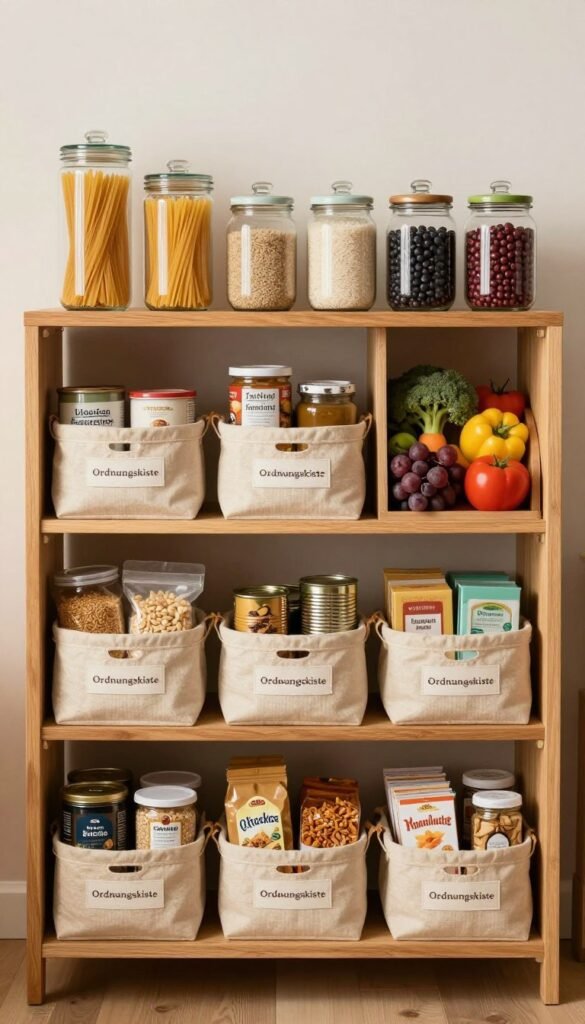 A beautifully organized voorraadsschrank, showcasing ten distinct categories of food items, designed with natural, warm colors for an inviting atmosphere. In the foreground, wooden shelves neatly display labeled baskets from the brand "Ordnungskiste," each filled with various pantry staples such as grains, canned goods, spices, snacks, and baking supplies. The middle section features neatly arranged jars of pasta, rice, and legumes, complemented by vibrant produce filling an open compartment. In the background, soft, ambient lighting casts a gentle glow, highlighting the textures of the wooden shelves and creating a Pinterest-inspired aesthetic. The overall mood is calm, organized, and visually appealing, perfect for illustrating food organization. No captions or text are included in the image. A beautifully organized voorraadsschrank, showcasing ten distinct categories of food items, designed with natural, warm colors for an inviting atmosphere. In the foreground, wooden shelves neatly display labeled baskets from the brand "Ordnungskiste," each filled with various pantry staples such as grains, canned goods, spices, snacks, and baking supplies. The middle section features neatly arranged jars of pasta, rice, and legumes, complemented by vibrant produce filling an open compartment. In the background, soft, ambient lighting casts a gentle glow, highlighting the textures of the wooden shelves and creating a Pinterest-inspired aesthetic. The overall mood is calm, organized, and visually appealing, perfect for illustrating food organization. No captions or text are included in the image.